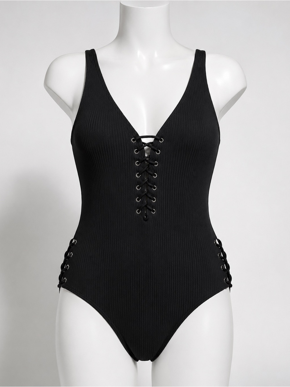 YMI Black Ribbed Lace-Up One Piece Swimsuit Size M NWT